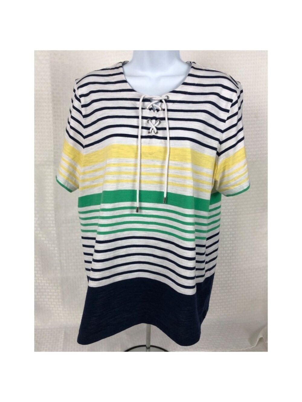 Allison Dailey Top Size XL White Blue Green Yellow Striped Short Sleeves